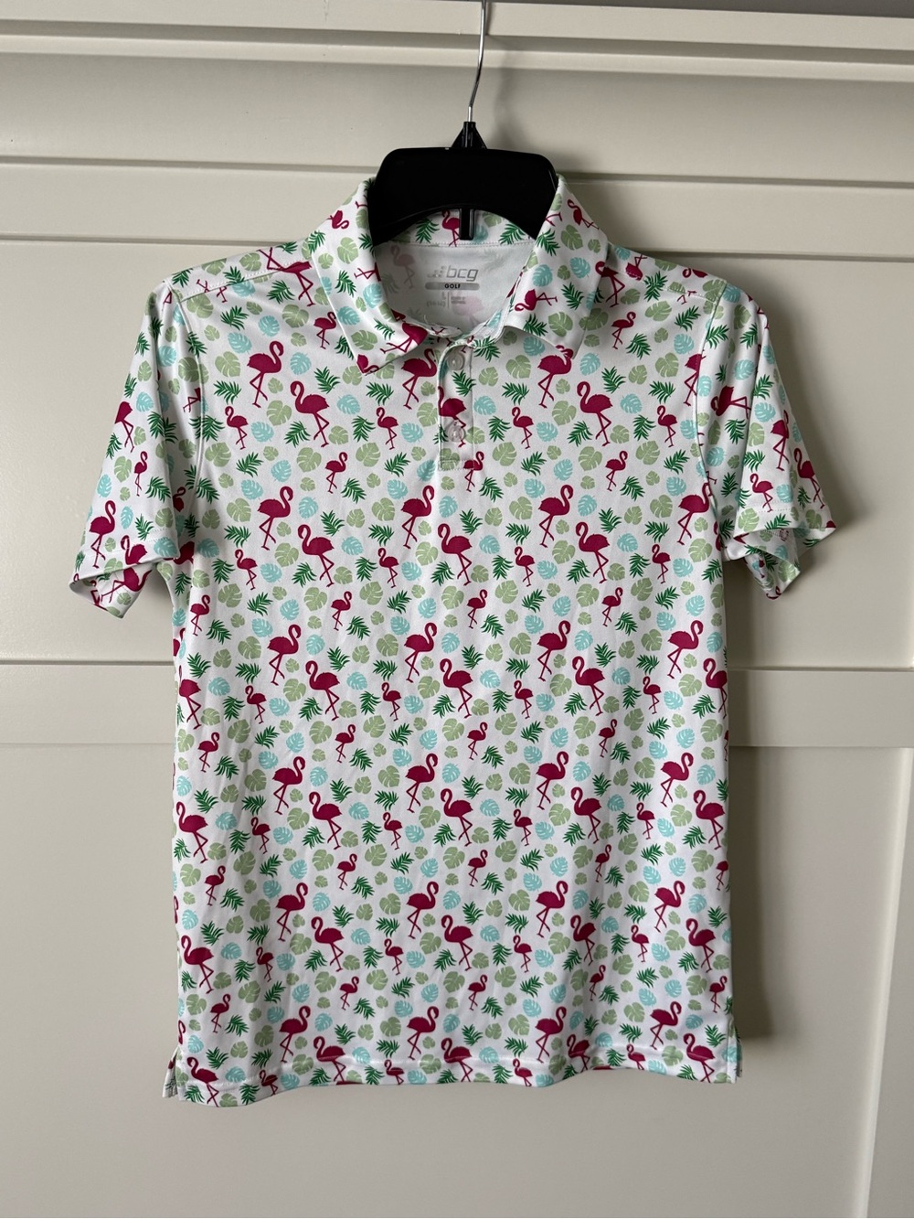 bcg Boys Flamingo Print Polo Golf Shirt - White/Pink/Green - L (14-16)